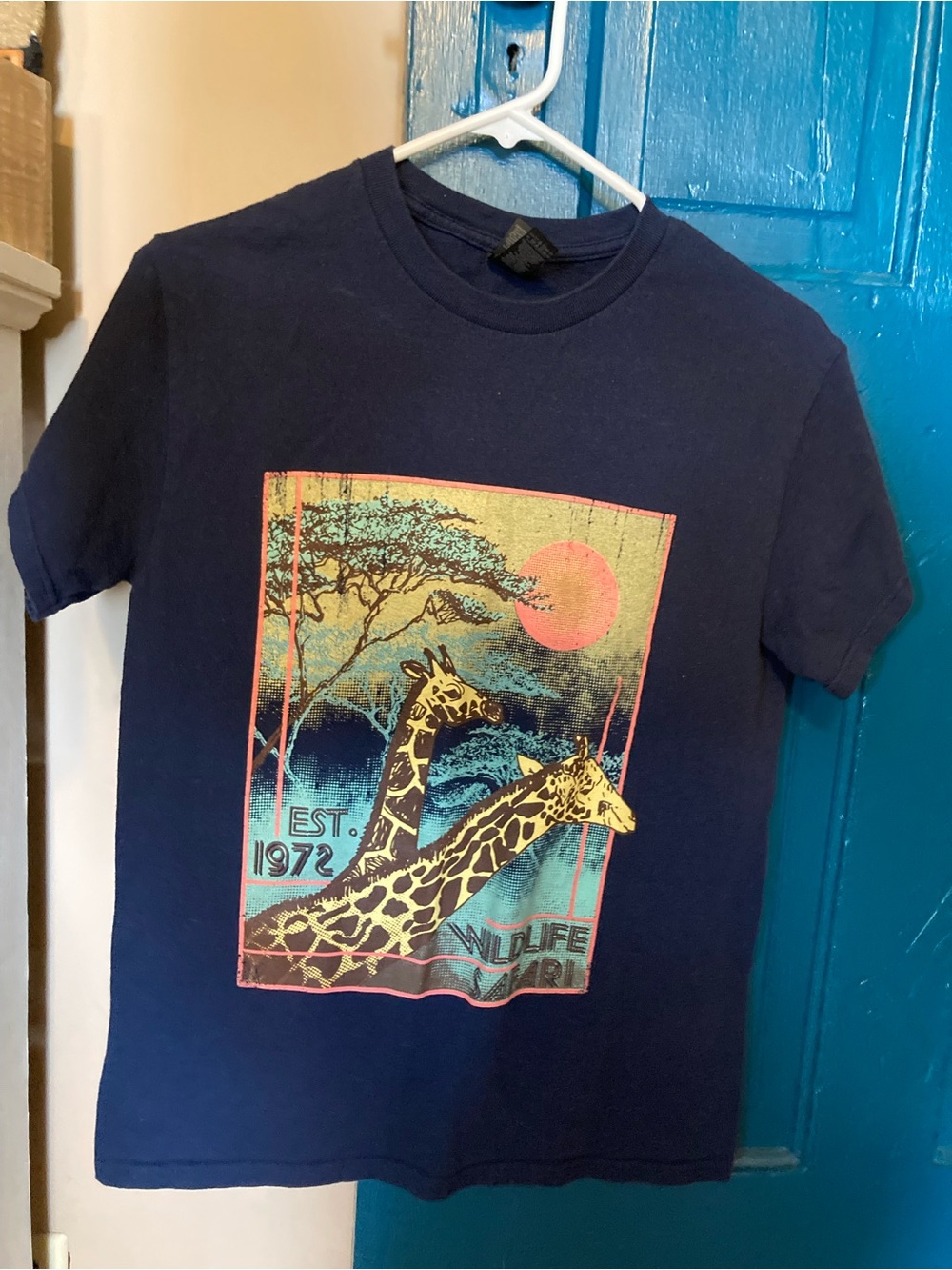 Gildan Navy Tee with Colorful Giraffe Print